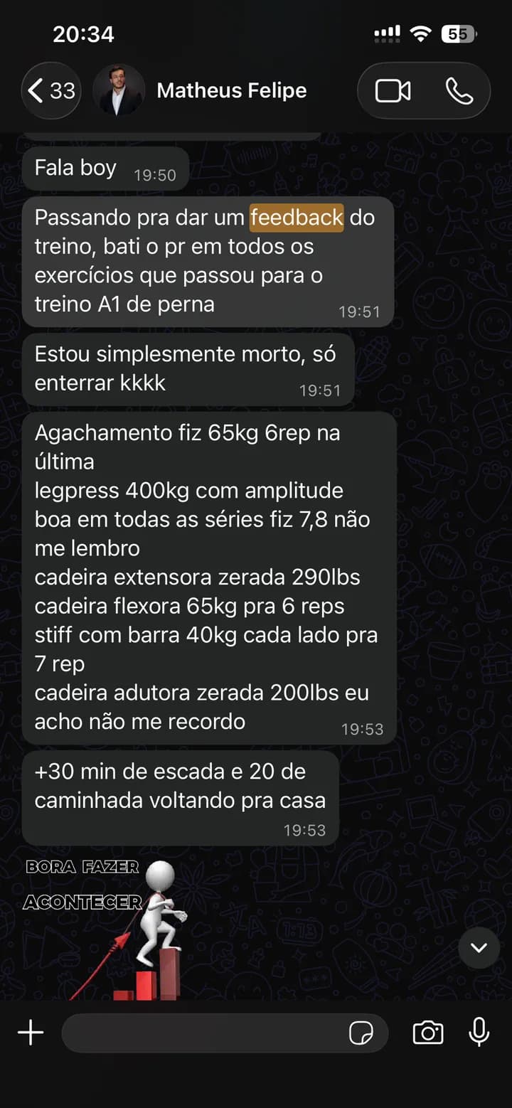 Relato de evolução enviado por um aluno da consultoria